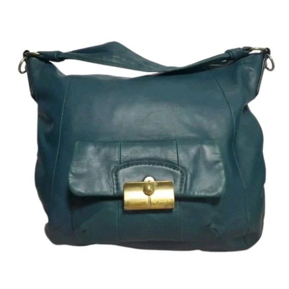 Coach 14769 Kristin Slouch Hobo Shoulder Bag Teal Blue Leather Large